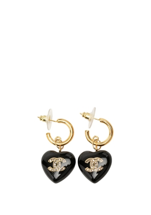 CHANEL Pre-Owned 2021 CC Gold Plated Resin and Strass Heart Drop Push Back Earrings costume earrings - Black