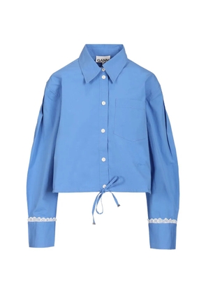 GANNI lace-trim crop shirt - Blue