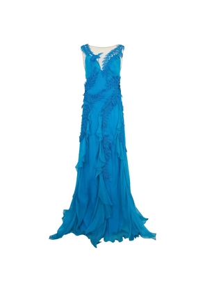 Alberta Ferretti leaf-applique ruffled maxi dress - Blue