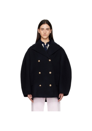 GANNI Navy Wool Oversized Midi Pea Coat