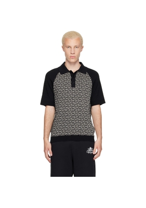 BALMAIN Black & White Monogram Cotton Linen Knit Polo