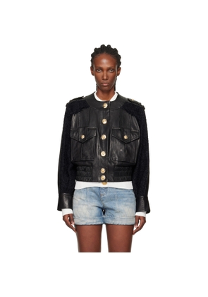 BALMAIN Black Tweed & Leather Bomber Jacket
