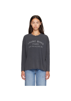 ANINE BING Black Ivan Long Sleeve 'Paris' Stencil T-shirt