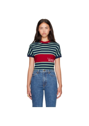 Versace Blue & Red Embroidered-Logo Striped-Intarsia Cotton T-shirt