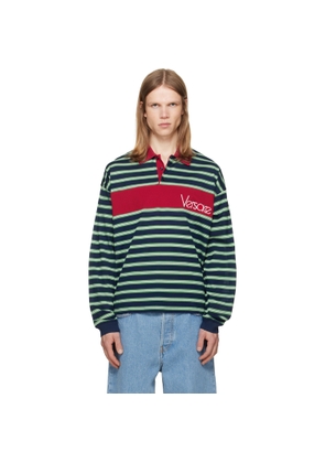 Versace Blue & Green Embroidered-Logo Striped-Intarsia Cotton Polo