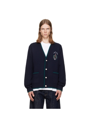 Casablanca Navy Hotel Emblem Embroidered Wool Cardigan