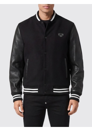 PHILIPP PLEIN Wool and Leather Varsity Bomber Jacket with Skull Embroidery and Rhinestones