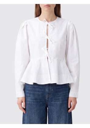 GANNI Cropped Cotton Jacket with Ruched Shoulders and Tie Fastening