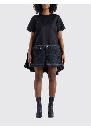 SACAI Flared Mini Dress in Denim and Silk with Asymmetrical Pleated Skirt