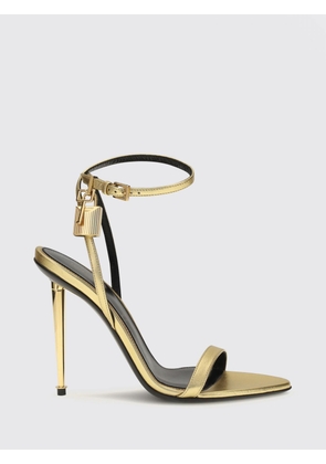 TOM FORD Padlock Gold Laminated Leather Sandals with Stiletto Heel