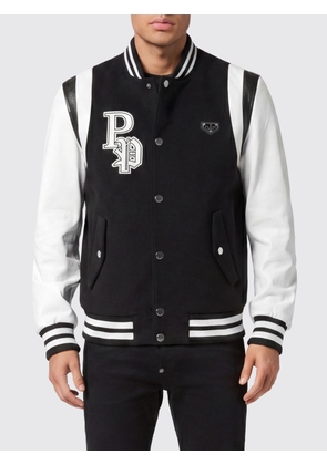 PHILIPP PLEIN Wool-Felt Varsity Bomber Jacket with Leather Sleeves