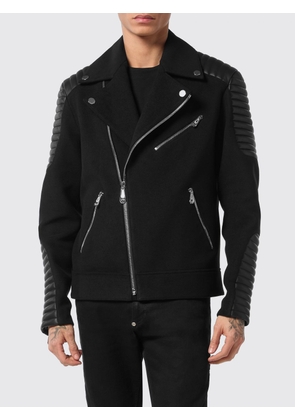 PHILIPP PLEIN Leather and Wool Biker Jacket with Lapels and Asymmetrical Zip