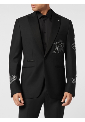 PHILIPP PLEIN Single-Breasted Wool Blend Blazer with Patch and Peak Lapels