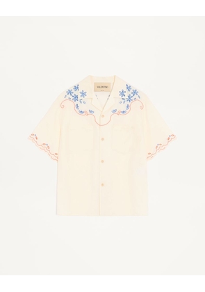 Valentino Valentino Linen Bowling Shirt In San Gallo With VLogo Embroidery Man LATTE 44