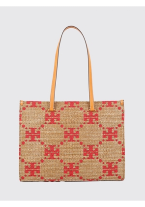TORY BURCH T Monogram Shoulder Bag in Raffia with Jacquard Logo and Double Leather Handles