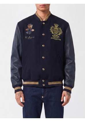 PHILIPP PLEIN Wool Varsity Bomber with Leather Sleeves and Teddy Bear Patch