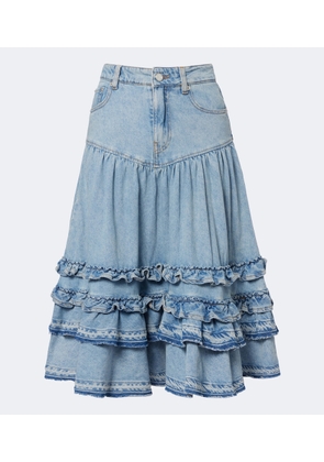 Ganni Ruffled denim midi skirt