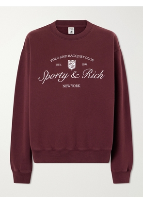 Sporty & Rich - Syracuse Embroidered Cotton-jersey Sweater - Burgundy - x small,small,medium,large,x large