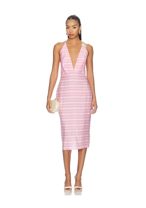 Milkwhite Midi V-neck Dress With Flower Detail in Pink. Size XS. Also in L, M, S.