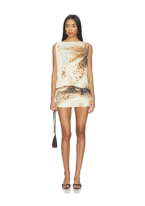 SOVERE Odette Drape Mini Dress in Brown,Cream. Size S. Also in XS, M, L.