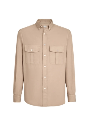Brunello Cucinelli garment-dyed easy fit shirt in cotton twill with chest pockets and button-down collar - Neutrals