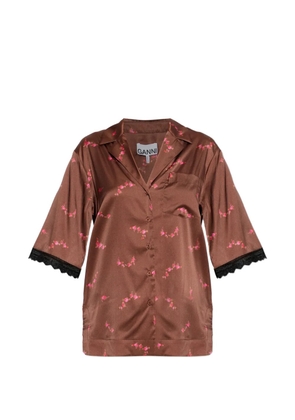 GANNI floral-print lace-trim shirt - Brown