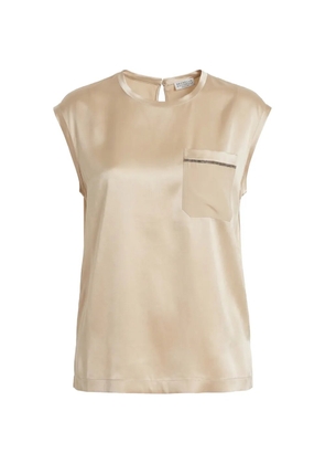 Brunello Cucinelli Monili-embellished silk top - Neutrals