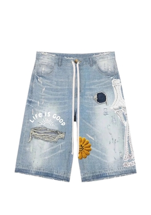 ALL HUMAN distressed embroidered denim shorts - Blue