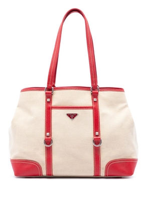 Prada Pre-Owned 2013-2026 Studded Leather Trimmed Canvas Front Pocket tote bag - Neutrals