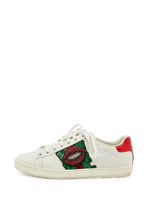 Gucci Pre-Owned Ace crystal-lips lace-up leather sneakers - White