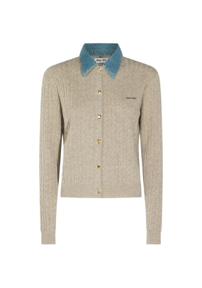 Miu Miu denim-collar cable-knit cardigan - Neutrals