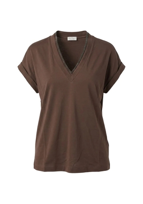Brunello Cucinelli monili-trimmed V-neck T-shirt - Brown