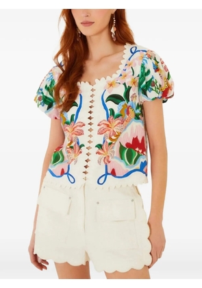 FARM Rio Garden Of Life floral-print scallop-edge top - White
