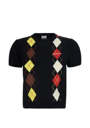 GANNI argyle-pattern logo-embroidered t-shirt - Black