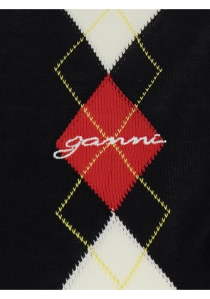 GANNI argyle-pattern logo-embroidered t-shirt - Black