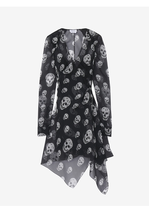McQueen Silk Skull Print Wrap Dress - Black - Women - 8