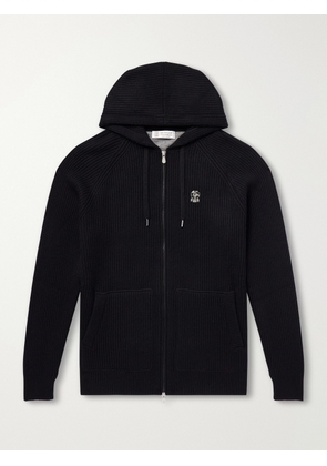 Brunello Cucinelli - Logo-Embroidered Ribbed Cashmere Zip-Up Hoodie - Men - Black - M