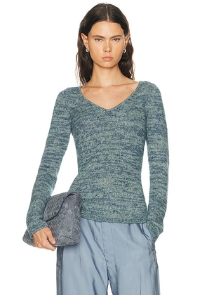 The Elder Statesman Off The Shoulder V-Neck Sweater in Sea Blue & Pistachio - Blue. Size L (also in M, S).