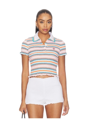 Casablanca Stripe Shirred Polo Top in Pink. Size L. Also in M, S, XS.