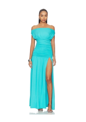 SEVEN WONDERS Iva Off Shoulder Maxi Dress in Teal. Size L. Also in M, S, XL, XS.