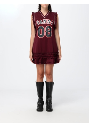 GANNI Sleeveless Cotton Mini Dress with Contrasting Logo and Flounces