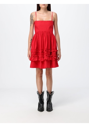 GANNI Cotton Poplin Mini Dress with Rouches and a Square Neckline
