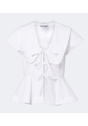 Ganni Bow-detail peplum cotton poplin blouse