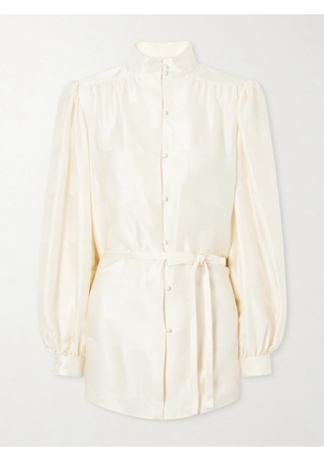 Valentino Garavani - Belted Polka-dot Silk-jacquard Blouse - Neutrals - IT36,IT38,IT40,IT42,IT44,IT46
