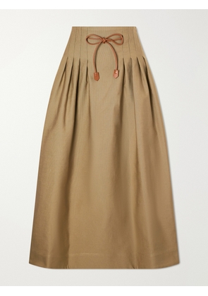 Max Mara - Mxmtempio Belted Pleated Leather-trimmed Cotton Midi Skirt - Brown - UK 4,UK 6,UK 8,UK 10,UK 12,UK 14,UK 16,UK 18