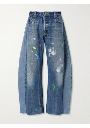 B SIDES - Vintage Lasso Distressed Frayed Paneled Paint-splatter Wide-leg Jeans - Blue - 24,25,26,27,28,29,30,31,32