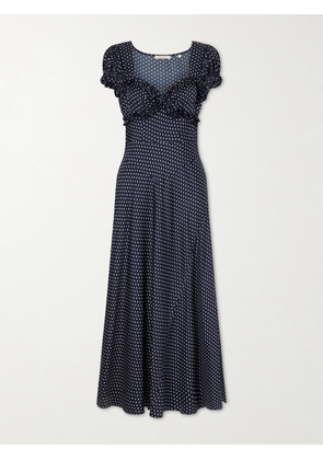 DÔEN - Valerine Gathered Polk-dot Silk-blend Twill Maxi Dress - Blue - xx small,x small,small,medium,large,x large,xx large