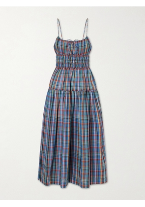 DÔEN - Brielle Gathered Checked Organic Cotton Midi Dress - Blue - xx small,x small,small,medium,large,x large,xx large