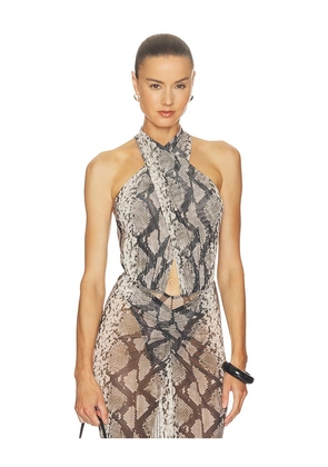 Lapointe x REVOLVE Printed Mesh Cross Bodysuit in Brown. Size XS. Also in S, M, L.