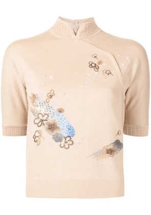 SHIATZY CHEN embroidered band collar knitted top - Brown